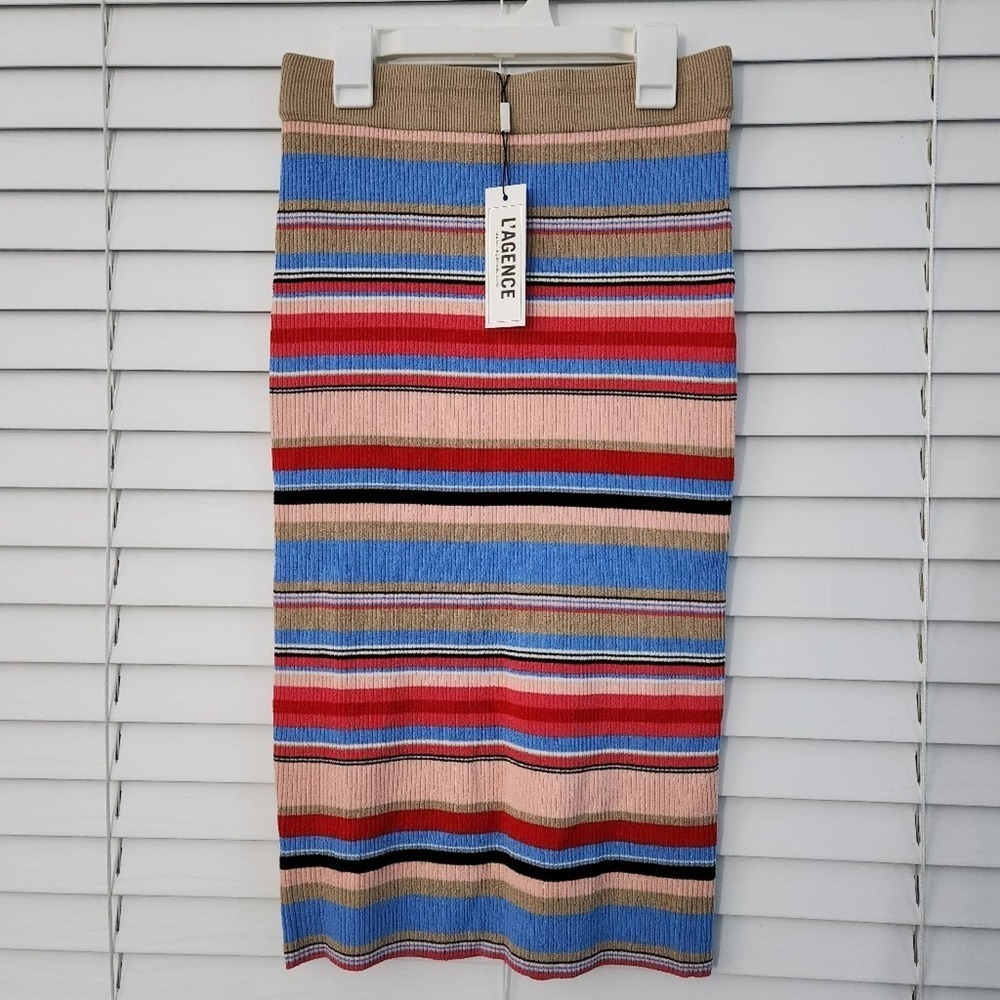 L'AGENCE Multicolor Striped Ribbed Midi Skirt - Blue, Red, Pink, Tan NWT!